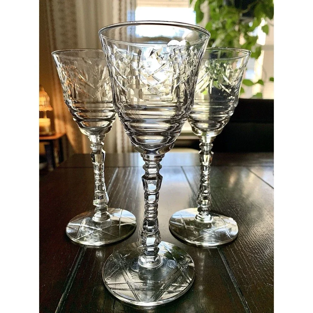 Vtg Libbey Rock Sharpe Artic Rose Crystal Water Goblets Set 5 Grandmillennial